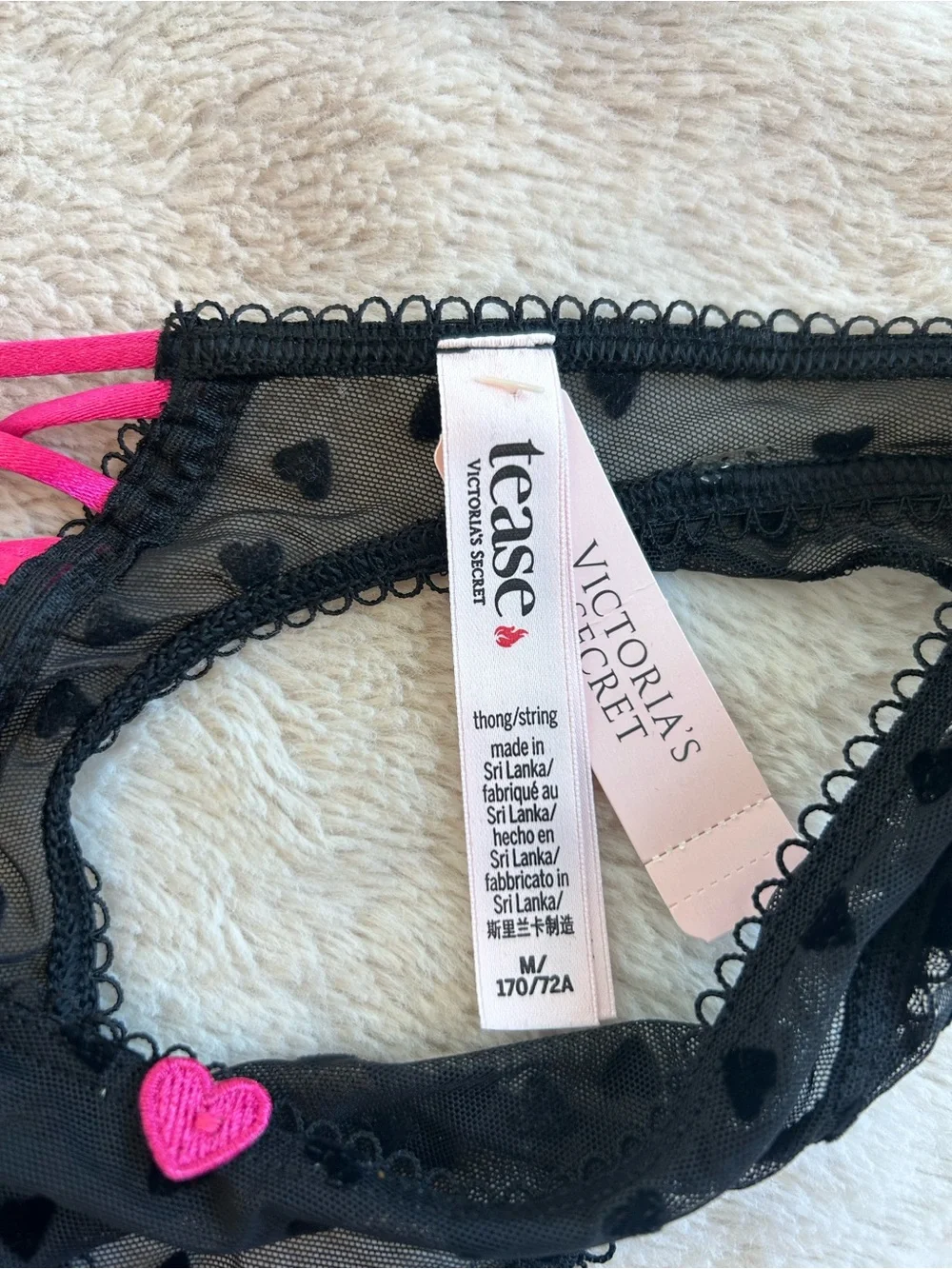 Victoria's Secret Black Heart Mesh Bra & Bikini Set with Pink Accents
